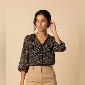 Joie SZ S Black White Floral Semi Sheer V-Neck 3/4 Sleeve 100% Silk Blouse